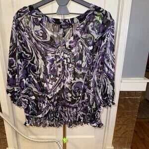 A.N.A sheer purple and black abstract print peasant-style blouse